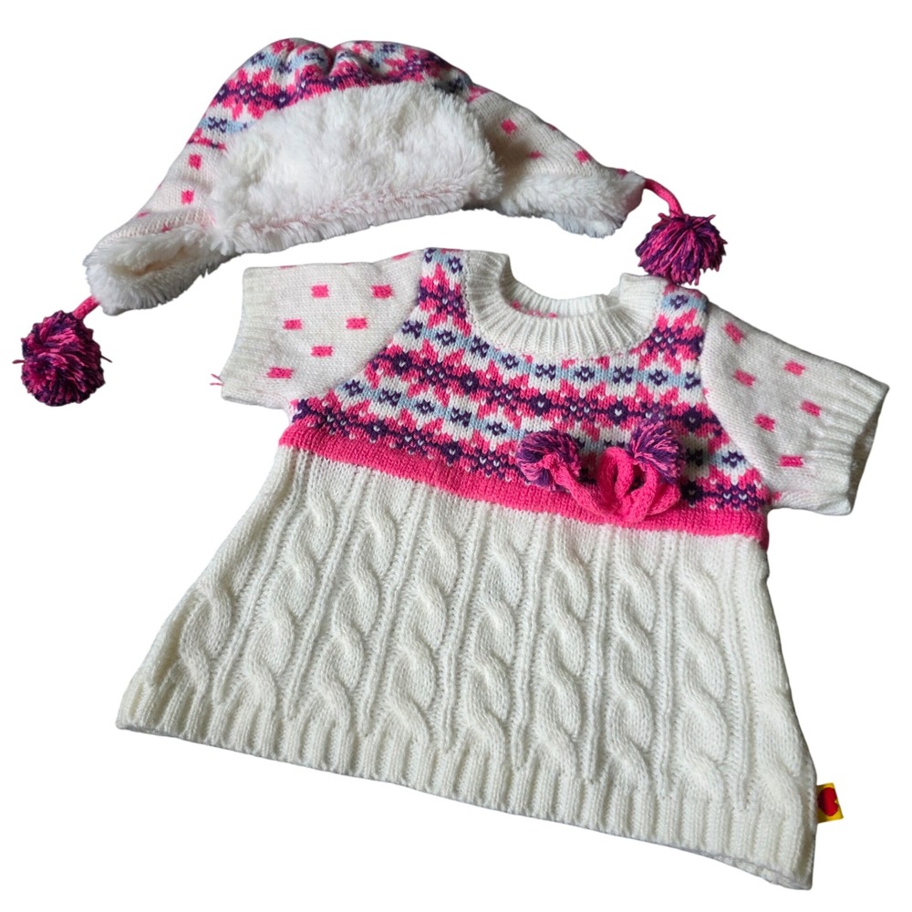 Build-A-Bear Sweater Dress Hat Set White Pink Fair Isle Cable Knit Plush Outfit